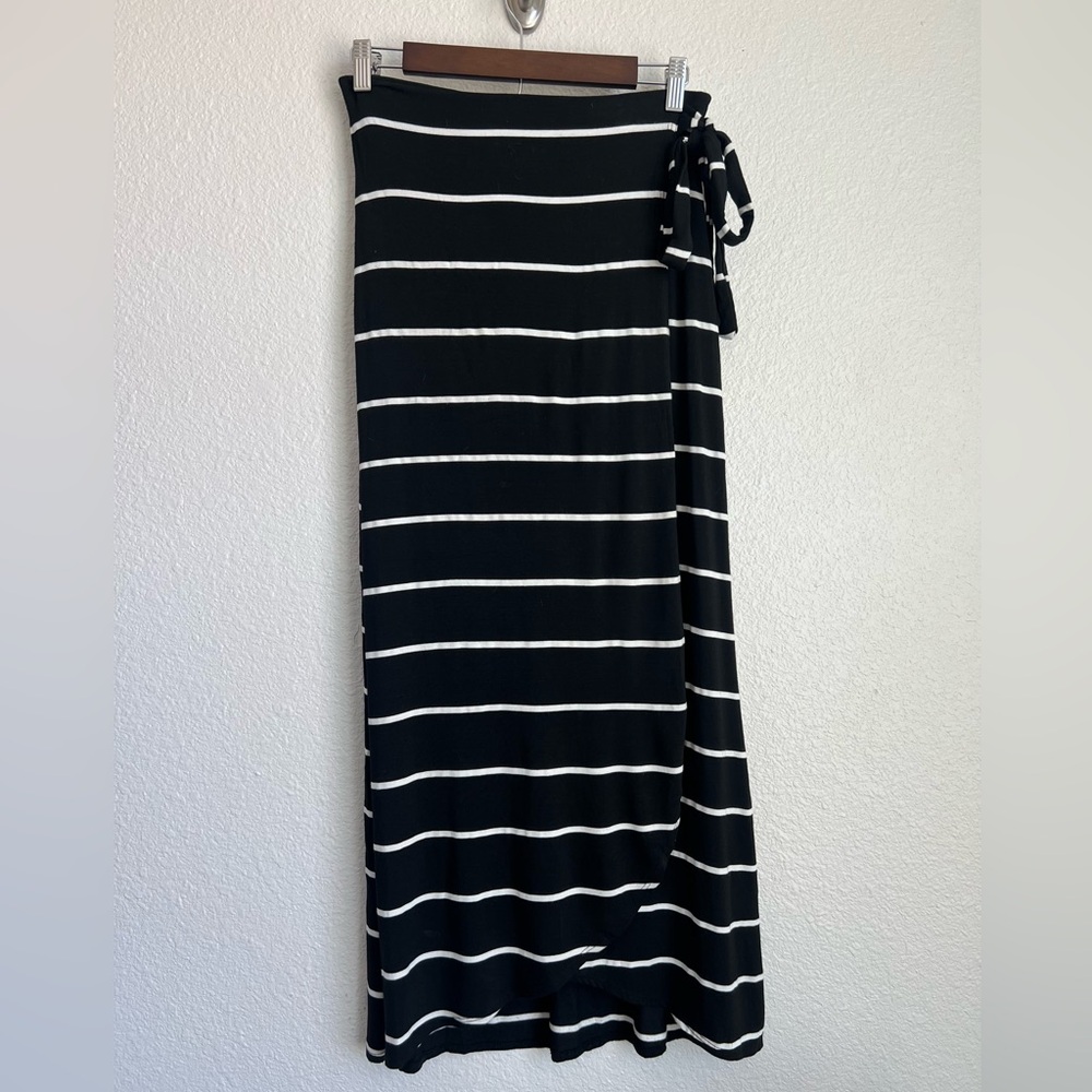 Striped Black and White Wrap Maxi Skirt with Side Tie